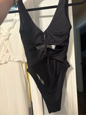 Black One-Piece Swimsuit with Ruched Cutouts